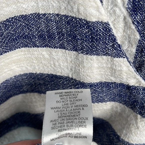 KENAR Linen Blend Striped Mini Dress Blue Oatmeal Cutouts Pockets Coastal Size M - Picture 9 of 11